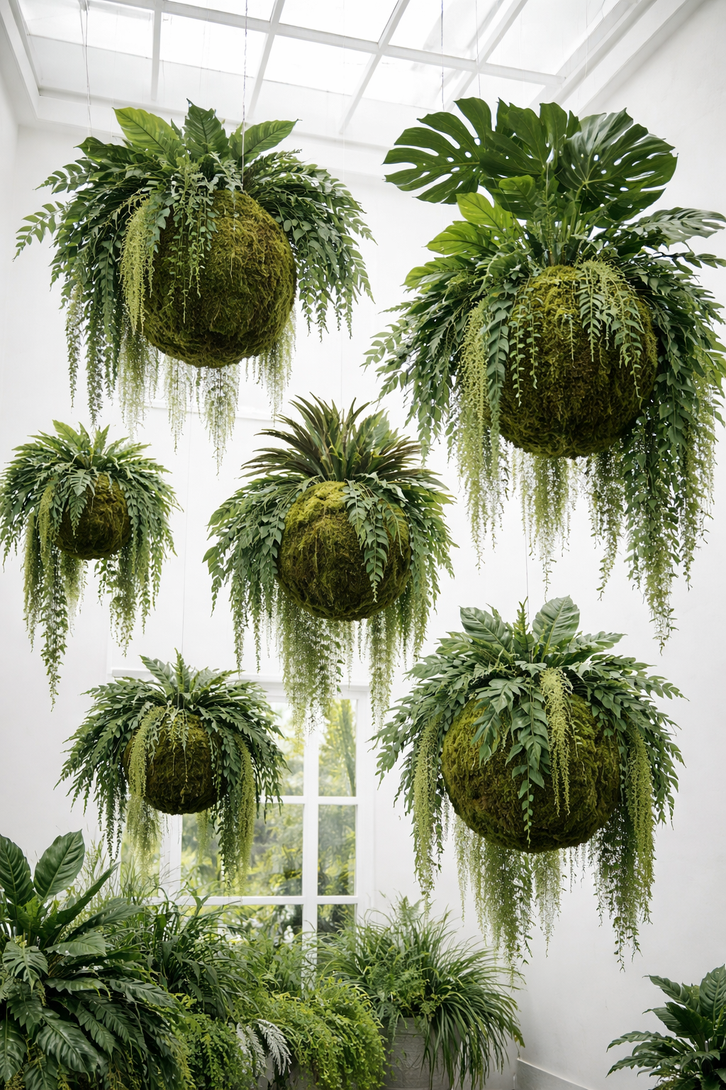 Instalación de kokedamas preservadas inspiradas en los Jardines Colgantes de Babilonia. (Proyecto conceptual)